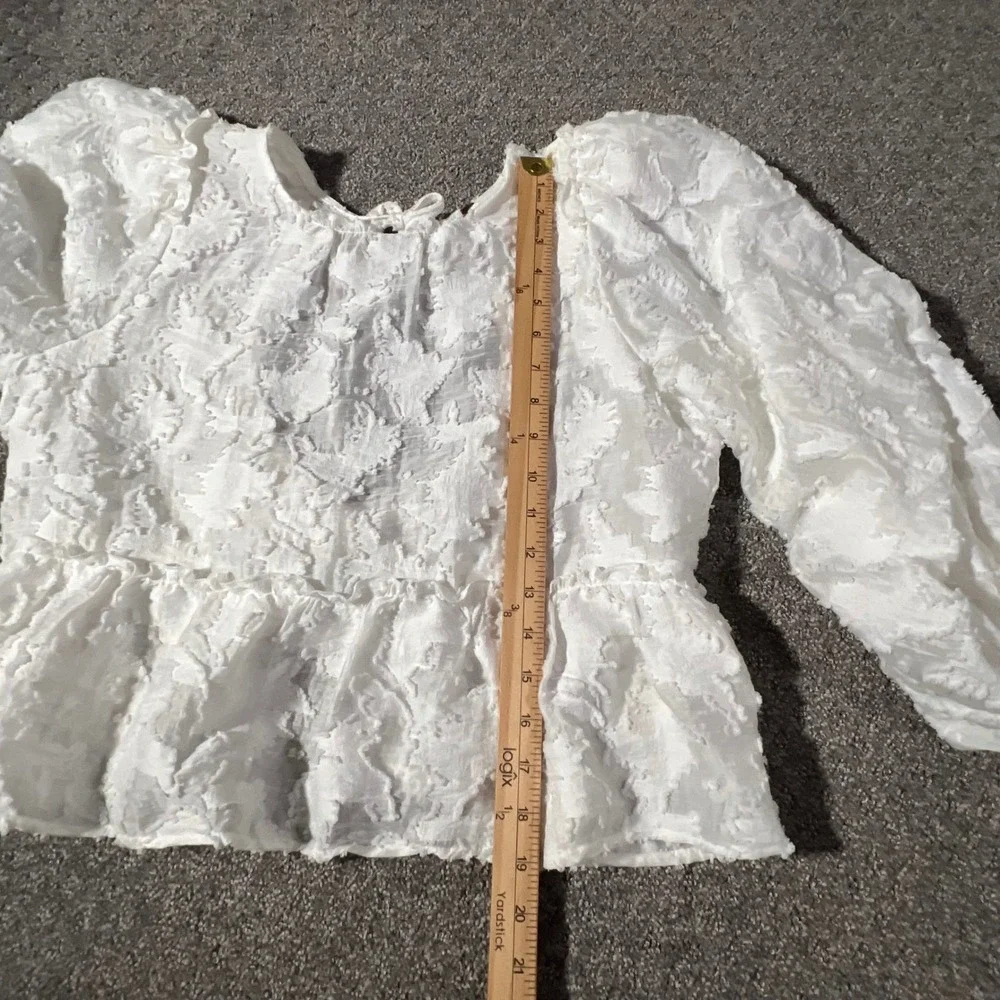 Free People Peplum Blouse Womens M White Textured Puff Sleeve Tie Back Open Back